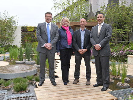 RBC executives Dave Thomas, Lynn Patterson and Stuart Rutledge on the garden with Designer, Nigel Dunnett