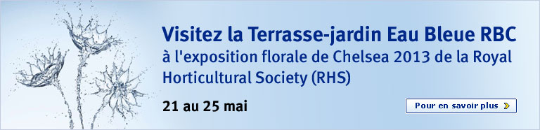 La Terrasse-jardin Eau Bleue RBC &agrave; l'exposition florale de Chelsea 2013 de la Royal Horticultural Society (RHS). Pour en savoir plus.
