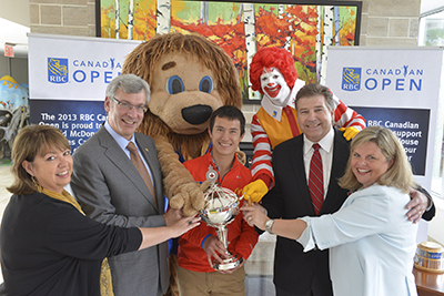 RBC and Golf Canada name Ronald McDonald House Charities Canada official charity partner of the RBC Canadian Open (Left to right - RMH Toronto CEO Jane Marco, RBC Group Head Dave McKay, 2013 World Figure Skating Champion Patrick Chan, Golf Canada CEO Scott Simmons and RMHC Canada CEO Kathy Loblaw)