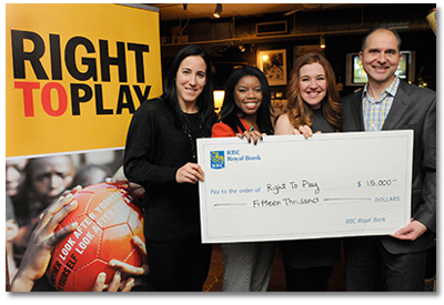 RBC Olympians Caroline Ouellette, Perdita Felicien and Clara Hughes present Right To Play National Director Robert Witchel with a $15,000 donation as part of the RBC Olympian Grant Program