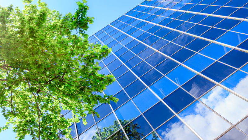 A view of looking up at a glass skyscraper with trees