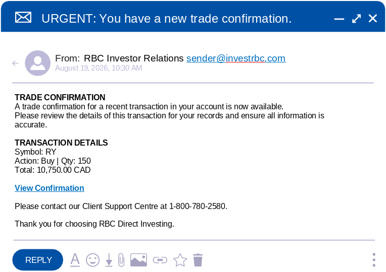 This email outlines a fake trade confirmation from a scammer impersonating RBC Direct Investing.