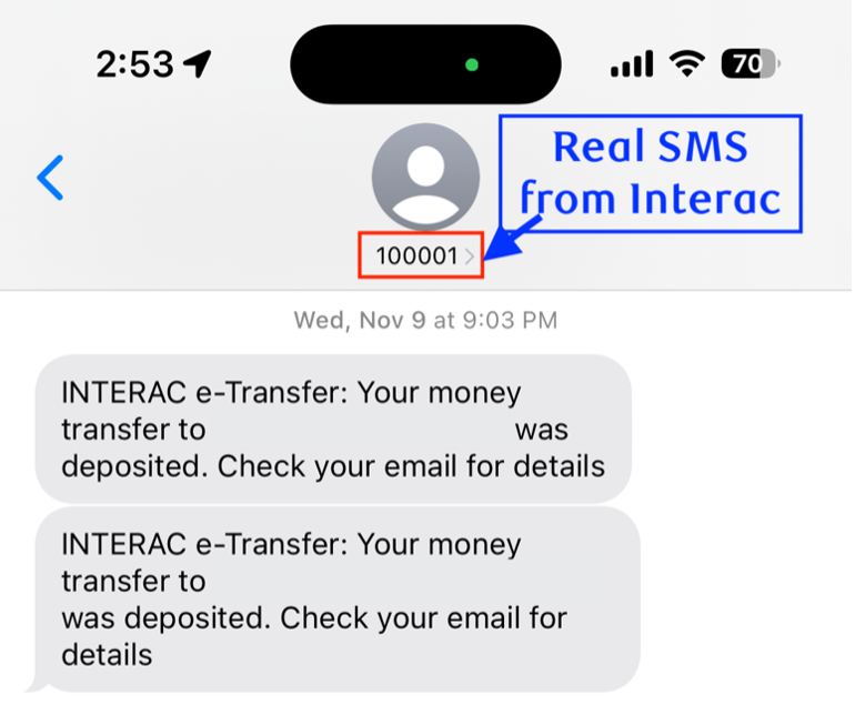 real SMS from Interac