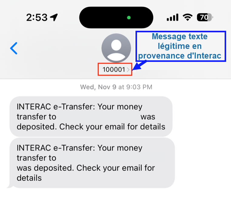 real SMS from Interac