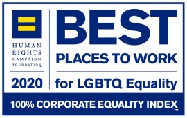 Human Rights Campaign Foundation (Campagne pour les Droits de l’Homme), marque de commerce. Prix du meilleur employeur pour ce qui est de l’égalité envers les personnes LGBT en 2020 (Best Places To Work for LGBTQ Equality) et note de 100 % à l’indice Corporate Equality Index (indice d’égalité en entreprise), marque de commerce. Logo.