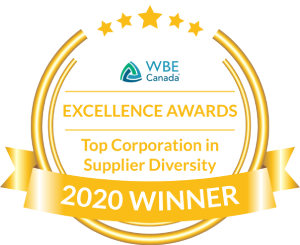 Prix d’excellence 2020 de la meilleure société pour la diversité des fournisseurs, marque de commerce de WBE Canada. Logo.