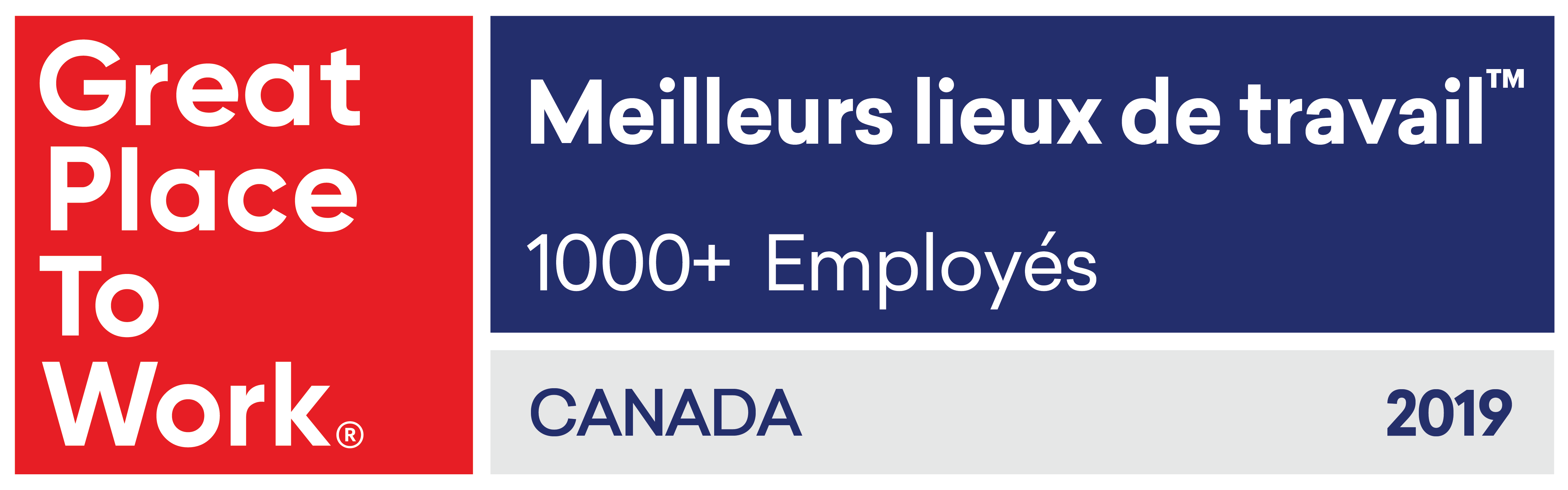 Great Place to Work marque déposée Meilleurs lieux de travail marque de commerce 1000 plus Employés Canada 2019. Logo.