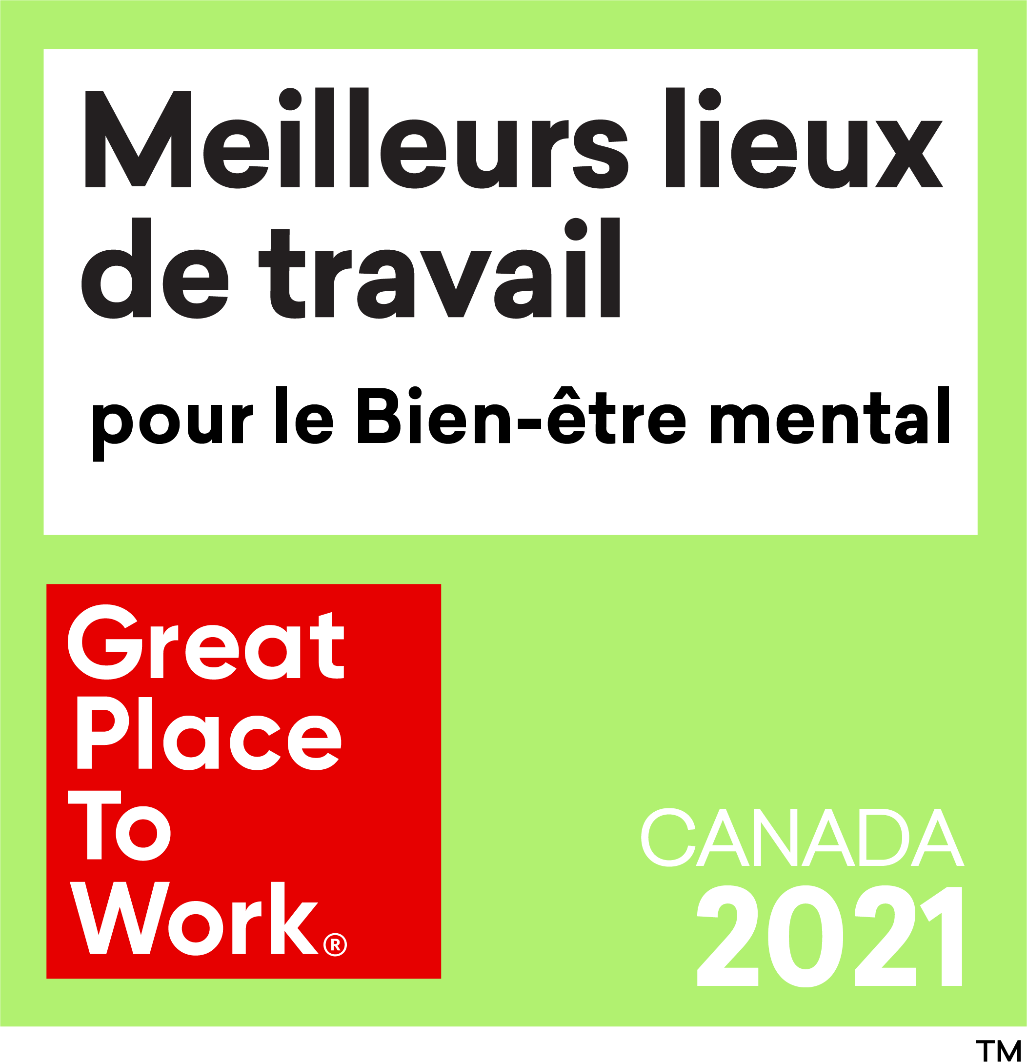 Meilleurs Lieux de Travail pour le Bien-être mental Great Place to Work marque déposée Canada 2020 marque de commerce. Logo.