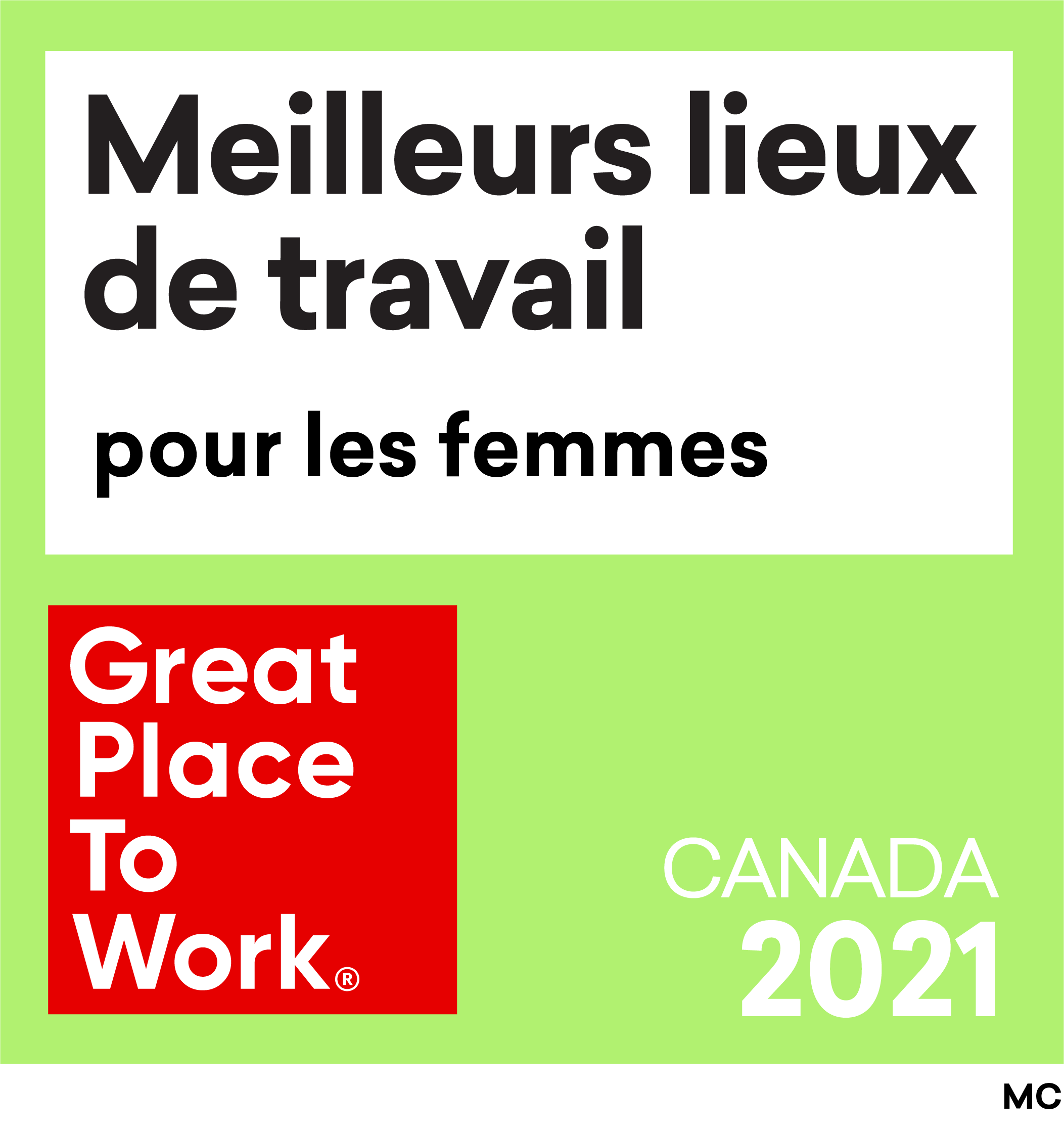 Meilleurs Lieux de Travail marque de commerce Femmes Great Place to Work marque déposée Canada 2020. Logo.