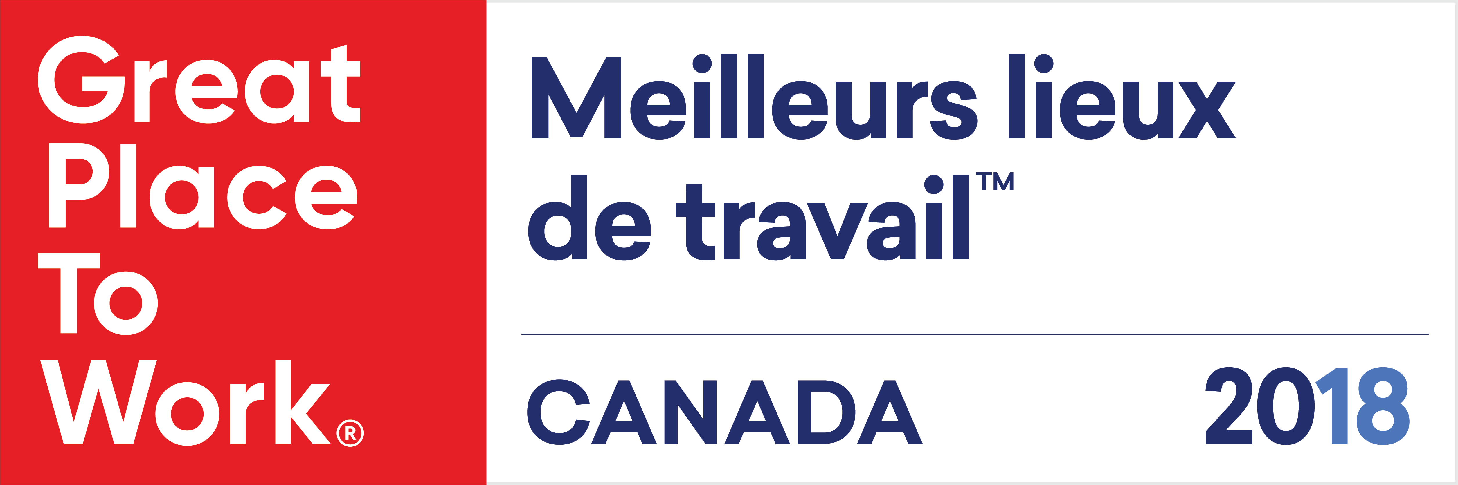 Institut Great Place to Work, marque déposée. Meilleurs lieux de travail au Canada 2018, marque de commerce. Logo.