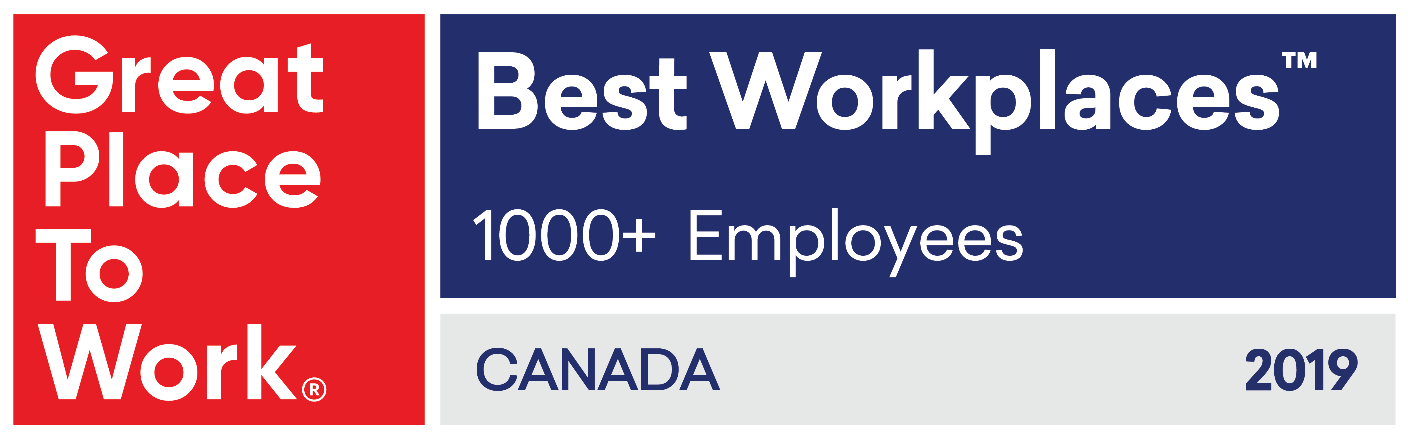 Great Place to Work registered trademark Best Worlplaces trademark 1,000 plus Employees Canada 2019. Logo.
