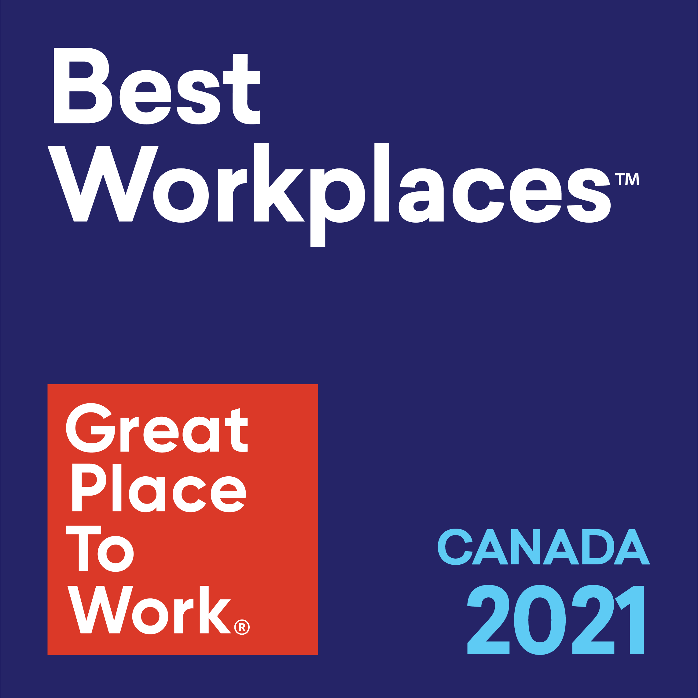 Best Workplaces trademark Great Place to Work registered trademark Canada 2020. Logo.