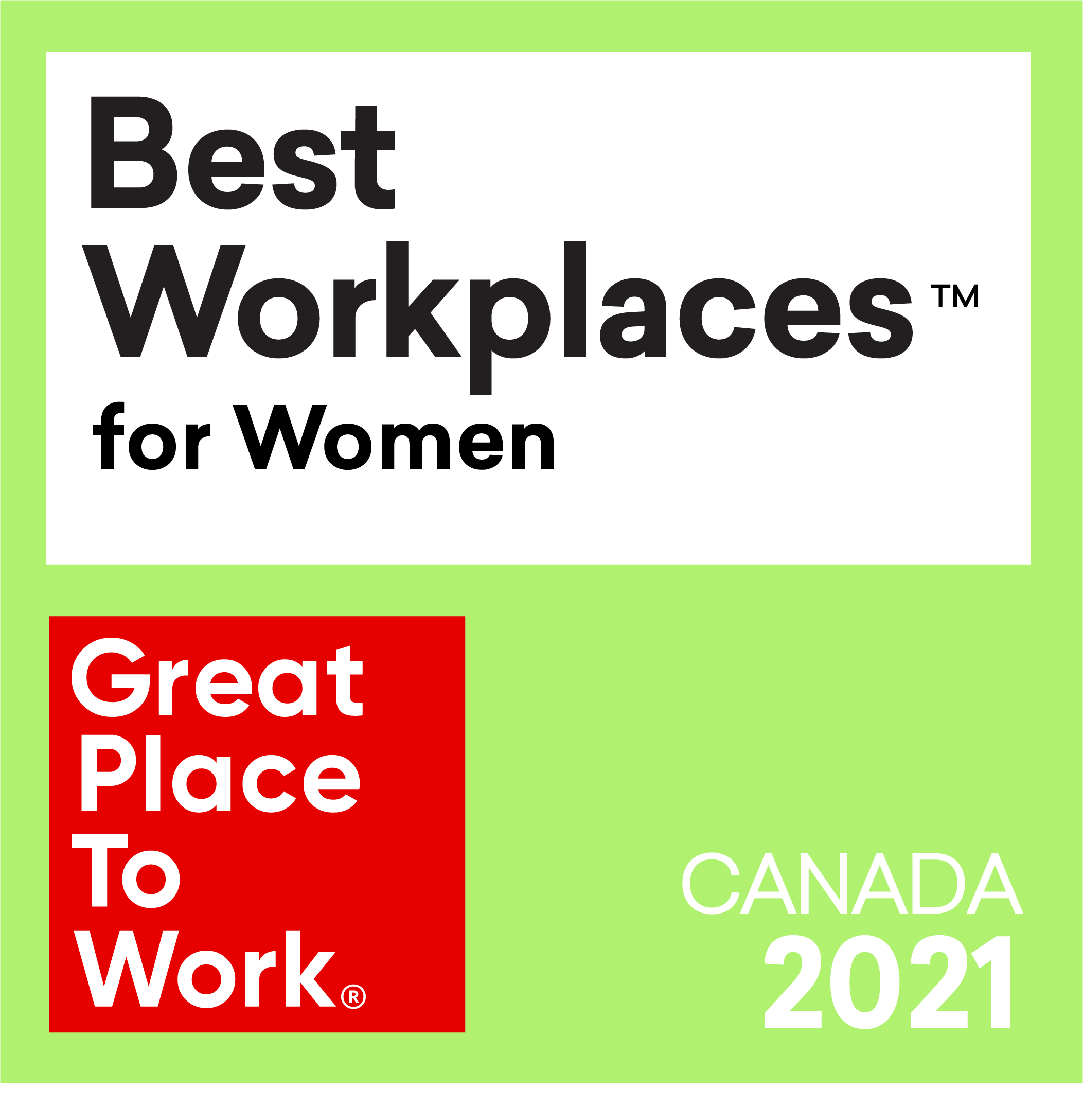 Best Workplaces trademark Women Great Place to Work Registered Trademark Canada 2020. Logo.