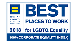 Human Rights Campaign Foundation trademark. 2018 Best Places To Work for LGBTQ Equality. 100% Corporate Equality Index trademark. Logo.