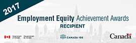 2017 Employment Equity Achievement Awards recipient. Government of Canada Gouvernement du Canada. Canada 150. Canada with Canadian flag. Logo.