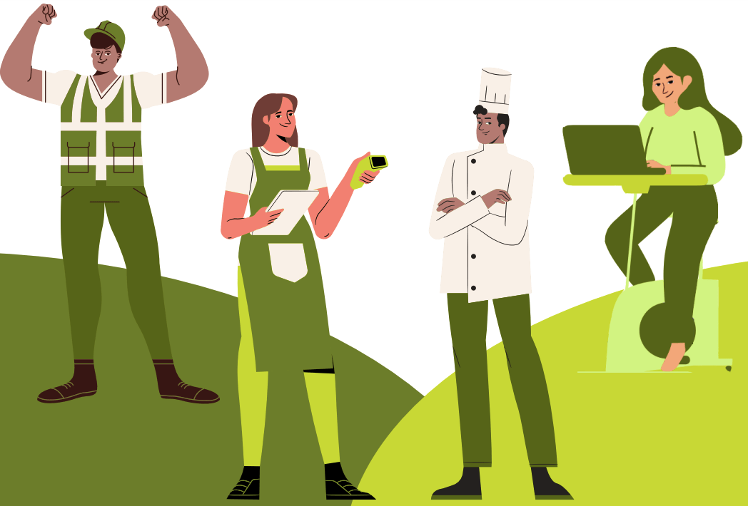 Illustration of various youth in employment paths: hospitality, construction, technology