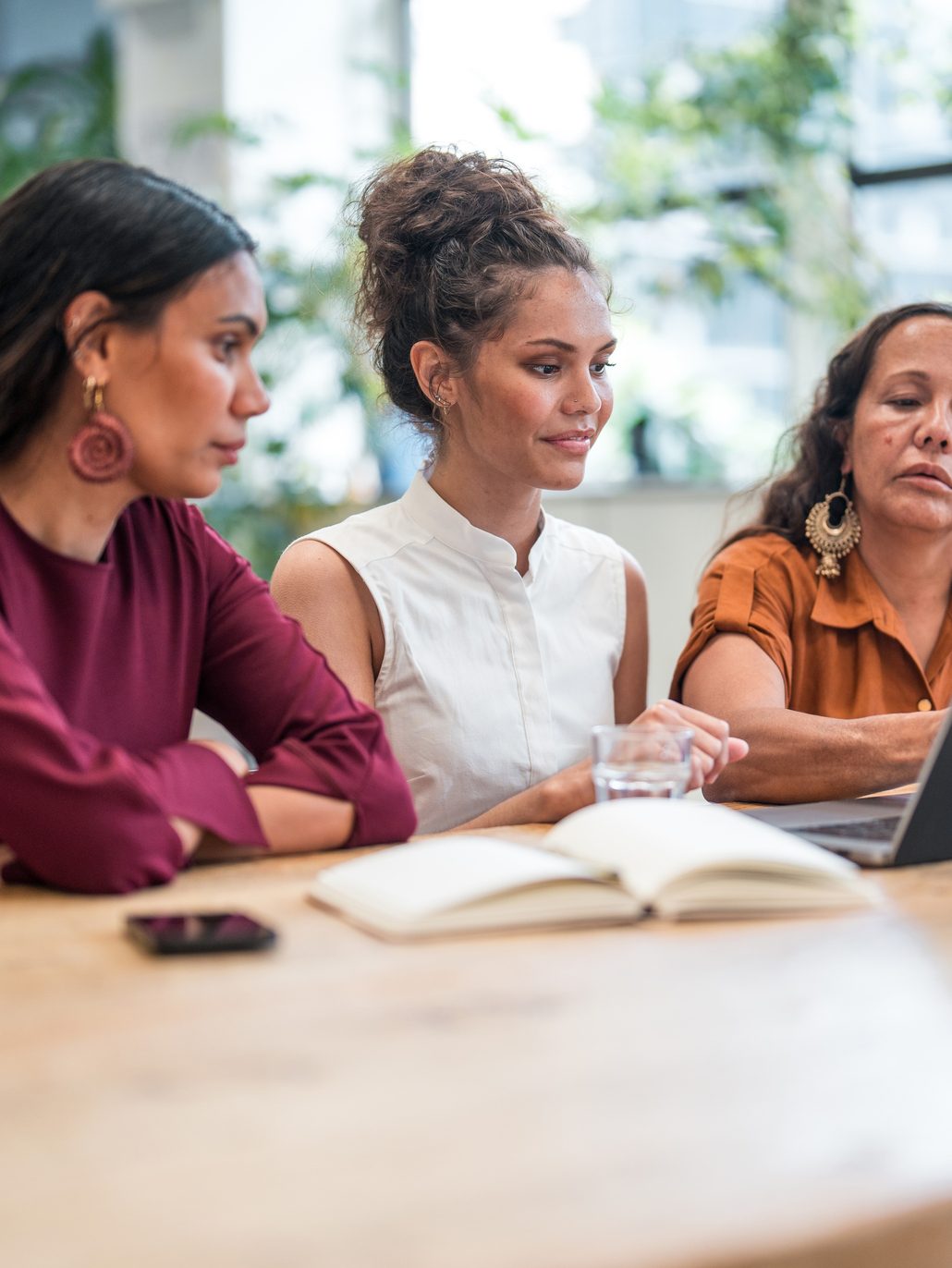 Two Aboriginal businesswomen engage in collaborative work in a modern office setting. They use a laptop, wear professional attire, and discuss projects at a wooden table. The environment is marked by natural light and greenery.