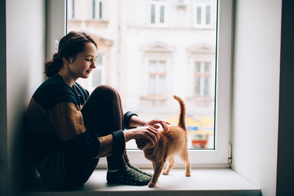 Jeune femme assise sur le rebord de la fenêtre et caresser le chat